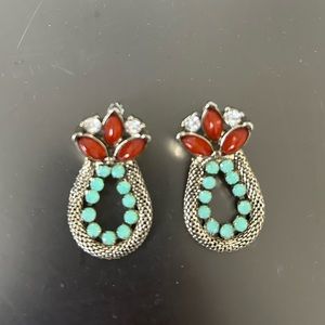BaubleBar earrings with turquoise and red stones, gold back